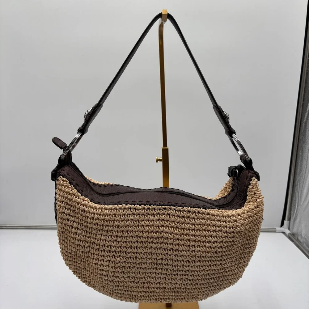 Brighton Woven Straw Leather Shoulder Bag Brown‎ Fringe Trim Boho Hobo